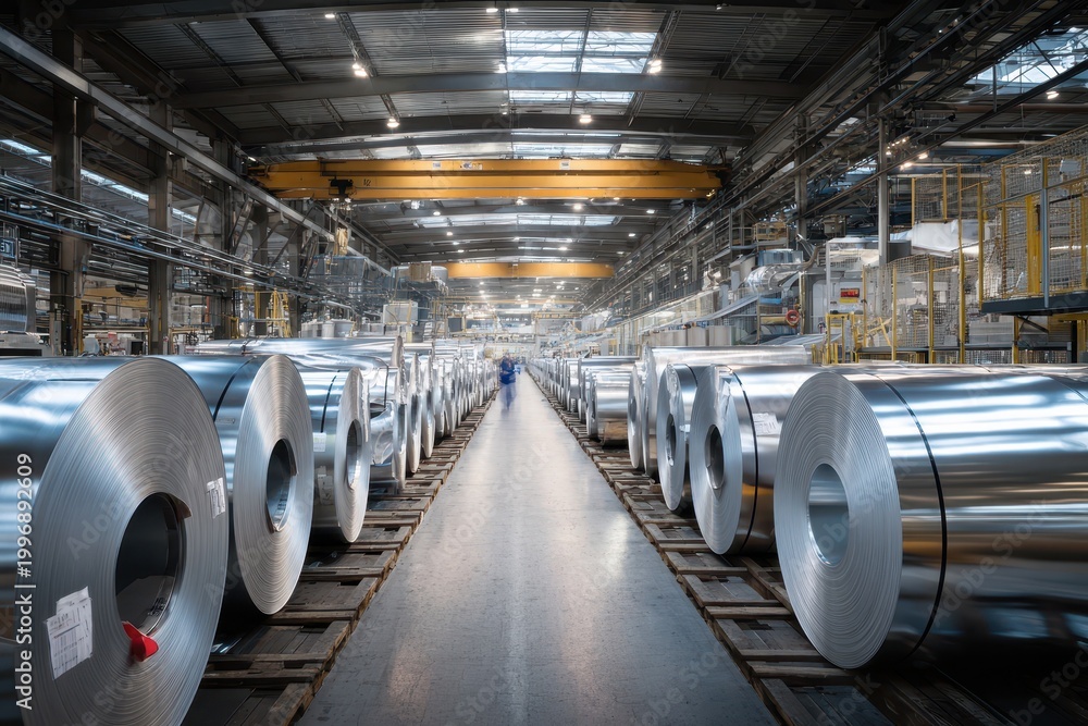 Fototapeta premium Long row of reflective aluminum rolls in a manufacturing workshop
