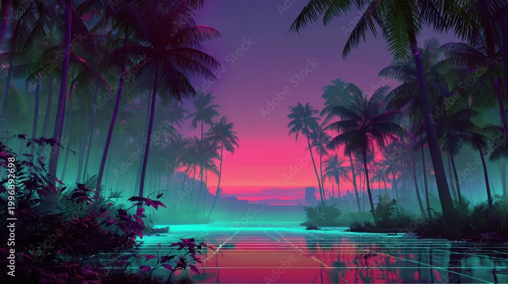 Obraz premium Luminous Jungle Nightscape in Vaporwave Style with Mist and Reflections