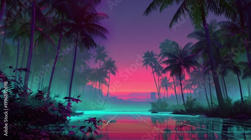 Luminous Jungle Nightscape in Vaporwave Style with Mist and Reflections