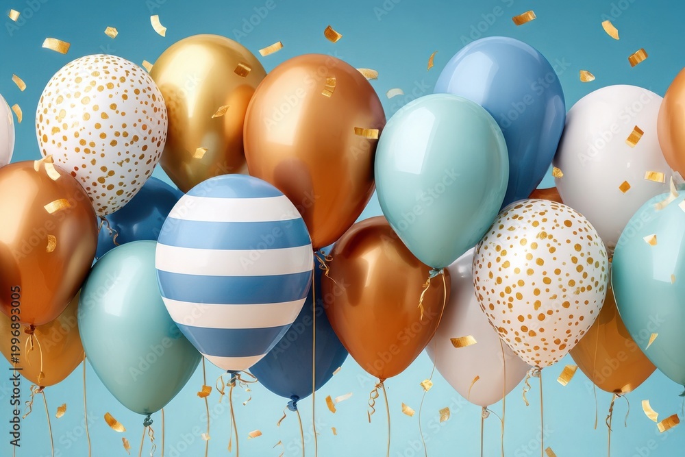 Fototapeta premium Festive blue and gold balloons with confetti for party celebration and joyful event decoration