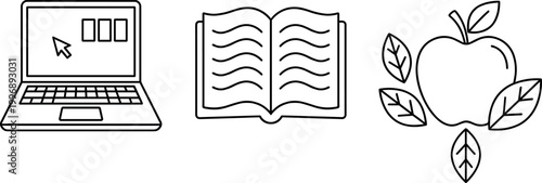 Line Icon Set Featuring Laptop, Book, and Apple for Education, Learning, and Technology Design Projects