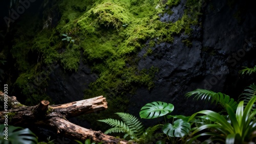 Lush Green Tropical Forest with Mossy Rocks and Plants