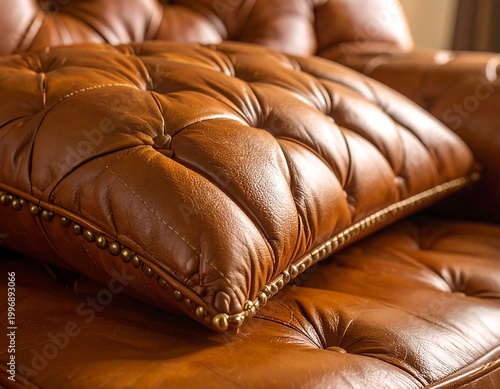 Close-up of a luxurious, tufted brown cushion, adorned with metal studs, resting on a matching leather sofa. Focus on texture