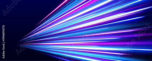 Schilderij op canvas Neon blue streaks race across a futuristic highway