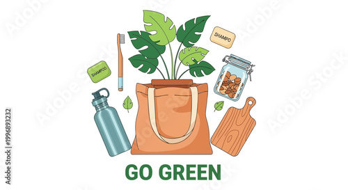 Eco friendly lifestyle icons, sustainable living symbols, green planet elements, reusable bag and water bottle