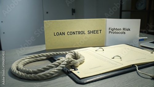 Loan Control Sheet with Protocols Document and Nautical Rope on Desk Surface for Financial Management and Risk Assessment Tasks in Office Environment