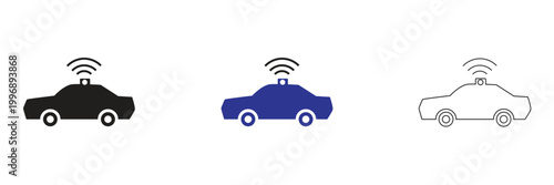 Autonomous car technology flat and outline icons. Set of autonomous car and smart vehicle icons including sensors, navigation, AI systems, and safety features for modern mobility concepts.