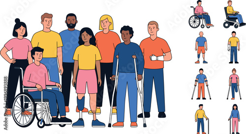 Inclusive Community Illustration Featuring Diverse People with Wheelchairs, Crutches, and Prosthetic Limbs in Vector Artwork
