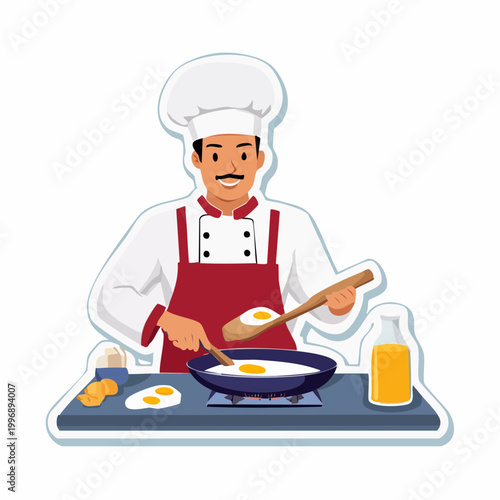 Chef cooking fried eggs in a pan