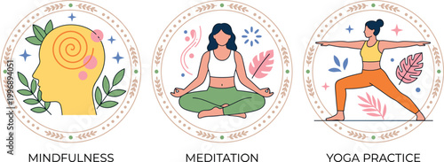 Wellness Illustration Featuring Mindfulness, Meditation, and Yoga Practice in Circular Decorative Vector Artwork