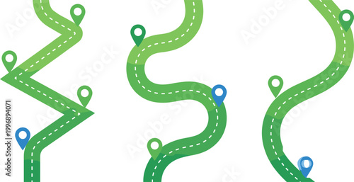 Journey Path Illustration Featuring Zigzag, Wavy, and Curvy Roads with Location Markers in Green Vector Artwork