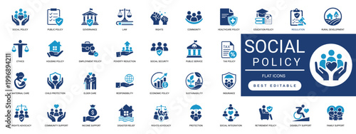 social policy icon set. community support, welfare, rights, justice, inclusion, equality, public, government, protection. editable solid vector illustration.