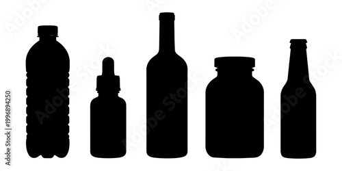 Collection of bottle silhouettes including plastic water bottle, dropper bottle, wine bottle, glass jar, and beverage container