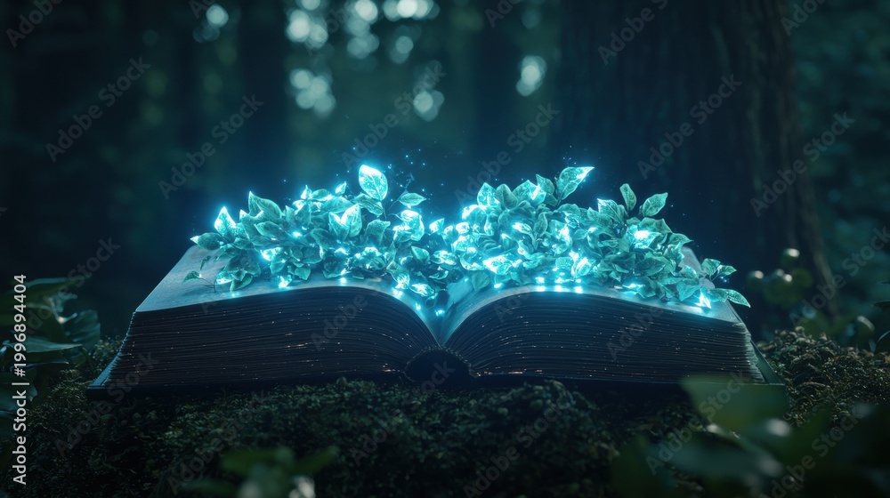 Fototapeta premium Magical book glowing as pages turn on their own in a hidden library