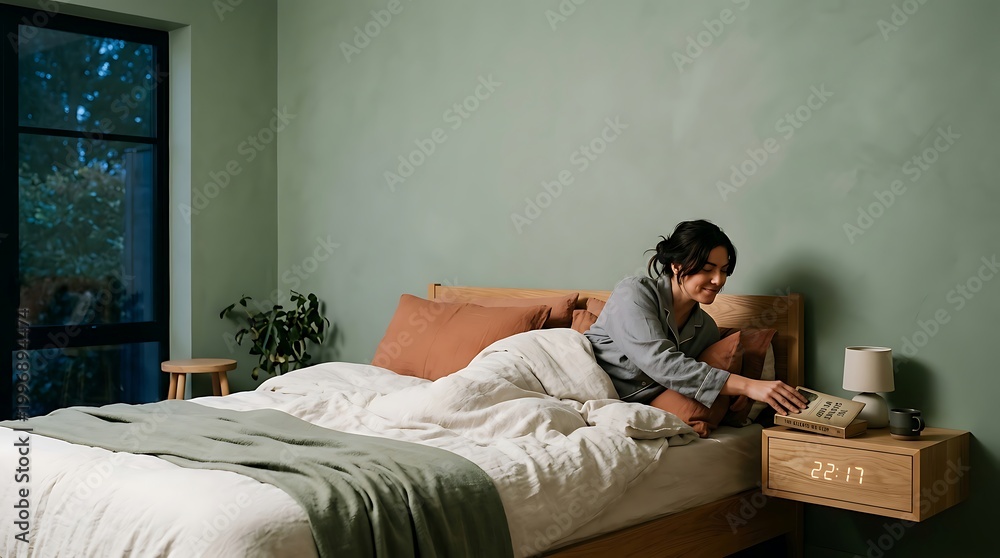 Fototapeta premium Minimalist Bedroom Interior with Person Putting Away Book, Sage Green Walls and Terracotta Bedding, Mental Health and Digital Detox Concept