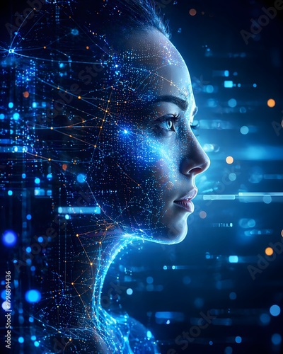 Futuristic side profile of woman with glowing digital network nodes on face