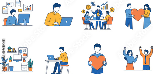 Professional and Emotional Concept Illustration Featuring Office Work, Remote Productivity, Teamwork, Empathy, and Success in Vector Artwork