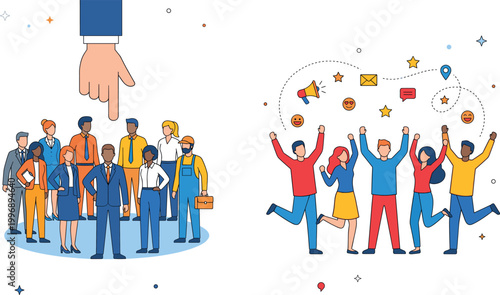 Recruitment and Team Building Illustration Featuring Professional Selection, Celebration, and Communication Icons in Vector Artwork