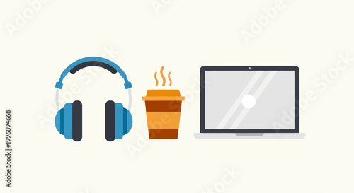 Flat design icons of headphones, coffee cup and laptop representing productivity, work and entertainment