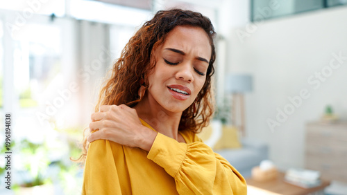 Tableau sur toile Woman, discomfort and ache of shoulder pain in home from injury, muscle strain and pinched nerve