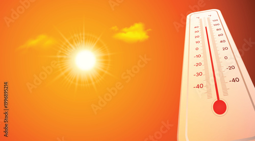Hot weather thermometer with bright sun showing summer temperature rise vector background