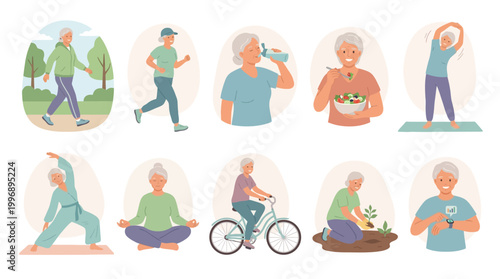 10 Senior Woman Healthy Lifestyle Vector Pack – Active Elderly Wellness Illustration Set