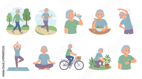 10 Senior Woman Healthy Lifestyle Vector Pack – Active Elderly Wellness Illustration Set