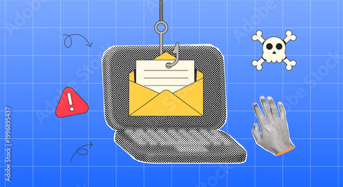 halftone collage, laptop, hand gesture, visual of phishing email attack, for data security, privacy and protection