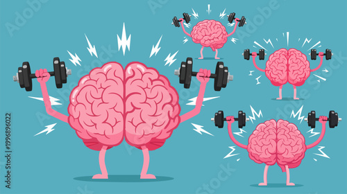Mental strength concept vector, human brain character lifting heavy dumbbells, brain training and cognitive health illustration set