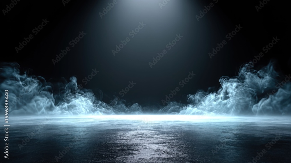 Fototapeta premium Dramatic spotlight illuminates swirling mist rising from a wet, reflective surface