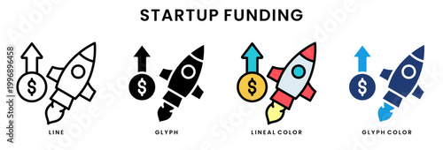 Startup funding and investment growth rocket icon set with money symbol in line, glyph, lineal color and glyph color styles for fintech and business apps
