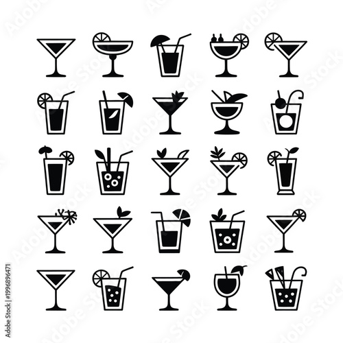 Cocktail icon set with various drinks and glasses on white background