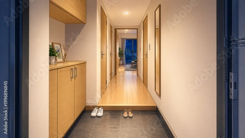 Fototapeta アパートの部屋入り口から部屋の中が見える玄関の夜の風景。ADVやシミュレーションゲームで使える大人向けの高クオリティなイラスト風の背景