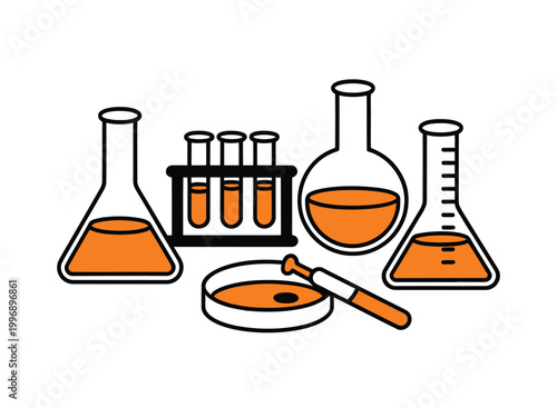 Laboratory equipment illustration with various orange colored beakers and test tubes
