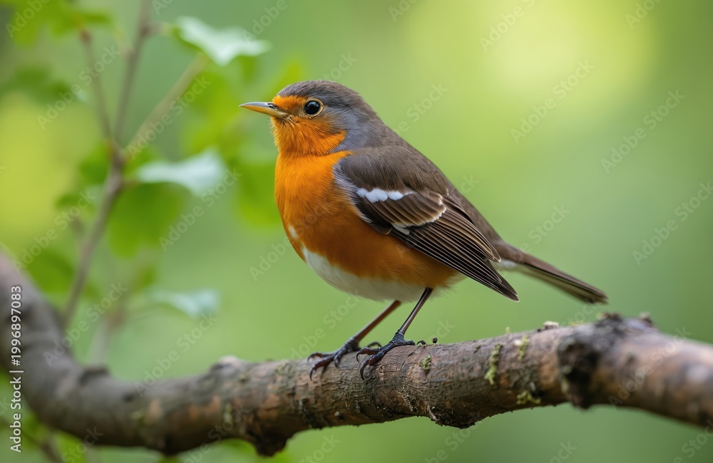 Fototapeta premium Small robin bird with orange chest sits on tree branch. Wild songbird with brown feathers looks alert. Nature scene with green blurry background. Wildlife close up.