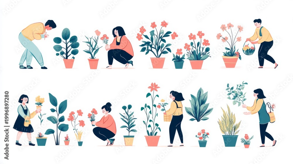Fototapeta premium Hand-drawn illustration set of small cartoon gardeners in various poses caring for flowers, isolated on white, whimsical gardening concept