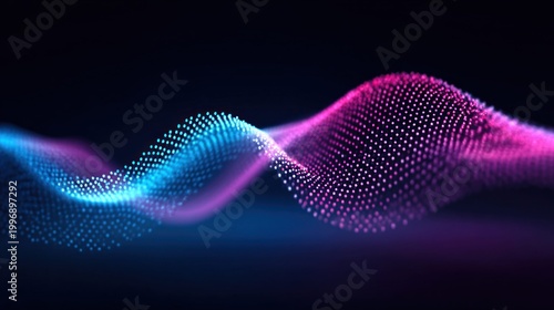 Abstract glowing digital wave of particles in blue and pink neon light on dark background