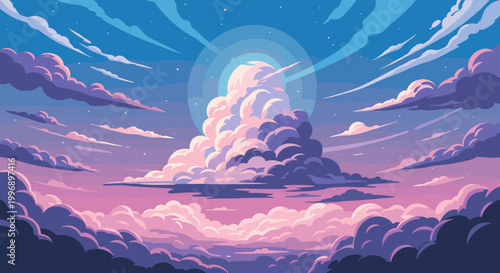 A calming and abstract illustration of a purple and pink sunset sky with fluffy clouds. Perfect for conveying peace, hope, or serenity in marketing or