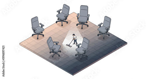 A small person mops a floor surrounded by six empty office chairs in a spotlight.