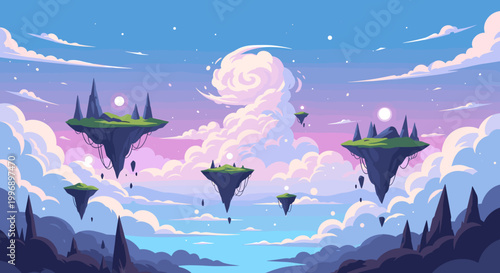 A dreamy, stylized landscape featuring a floating island, evoking a sense of wonder, escape, and limitless potential for creative projects and marketi