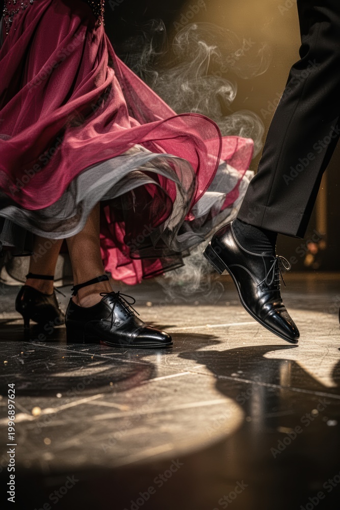 Obraz premium Dancers' feet in midstep with flowing skirt and polished shoes on stage
