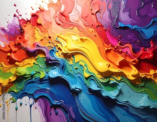 Vibrant multicolored paint splatters on a white background