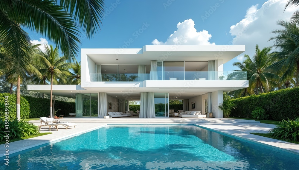 Obraz premium Modern white house with pool and tropical garden. Luxurious villa with palm trees, green hedge. Sunny day, blue sky. Vacation rental property.