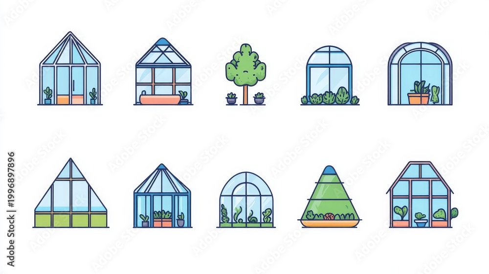 Fototapeta premium Flat outlined icons of different types of greenhouses, including dome, A-frame, and glass pane types, arranged in a neat grid