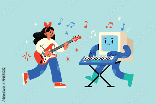 Human Guitarist and AI Piano Band Illustration