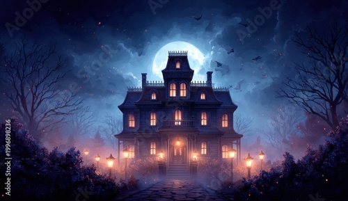 Spooky Victorian mansion under a full moon with bats flying in the night sky