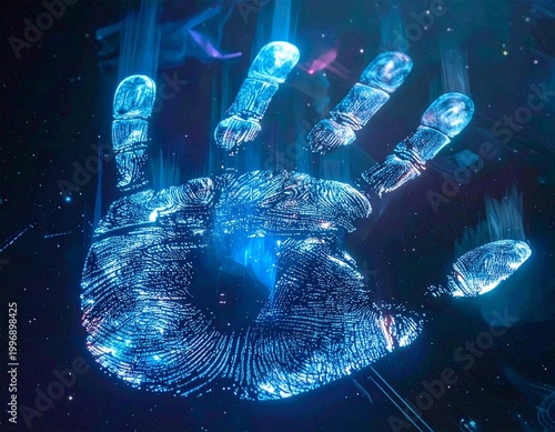 virtual fractal realms, futuristic hand print symbolizing AI identification and virtual database technology	