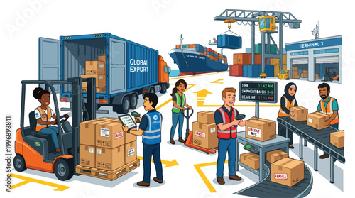 Diverse team of logistics workers managing global shipping operations in a busy terminal with cargo containers trucks and freight ships for industrial supply chain management