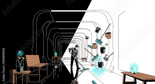 A surreal illustration depicting a person sweeping a floor, transitioning from an ordered black and white space to a chaotic white space with floating cleaning supplies.