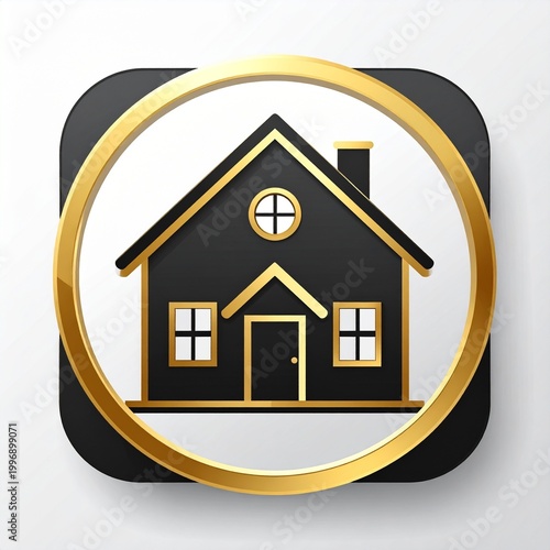 Golden House Icon: A sleek, modern icon of a house, framed by a golden circle, symbolizes the essence of home, security, and the dream of property ownership.